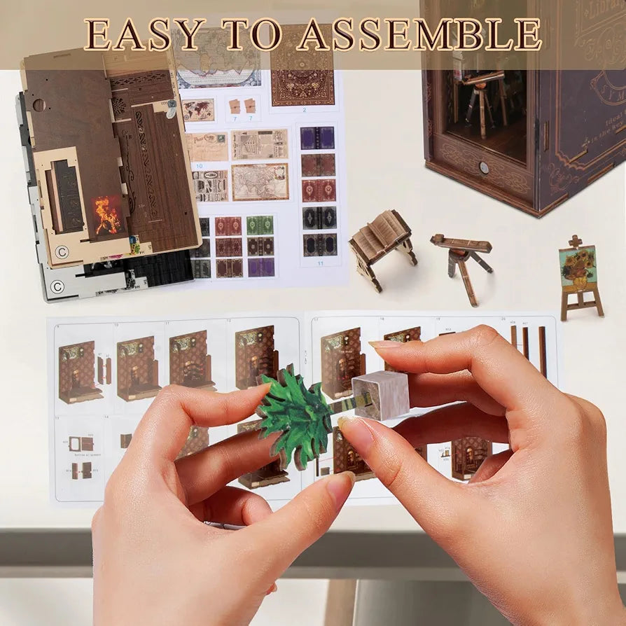 DIY Wooden Book Nook Miniature Kit with LED Light