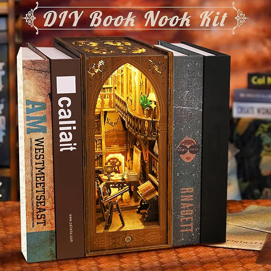 DIY Wooden Book Nook Miniature Kit with LED Light