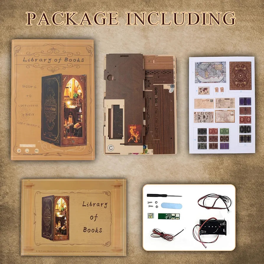 DIY Wooden Book Nook Miniature Kit with LED Light