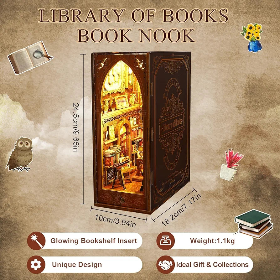 DIY Wooden Book Nook Miniature Kit with LED Light